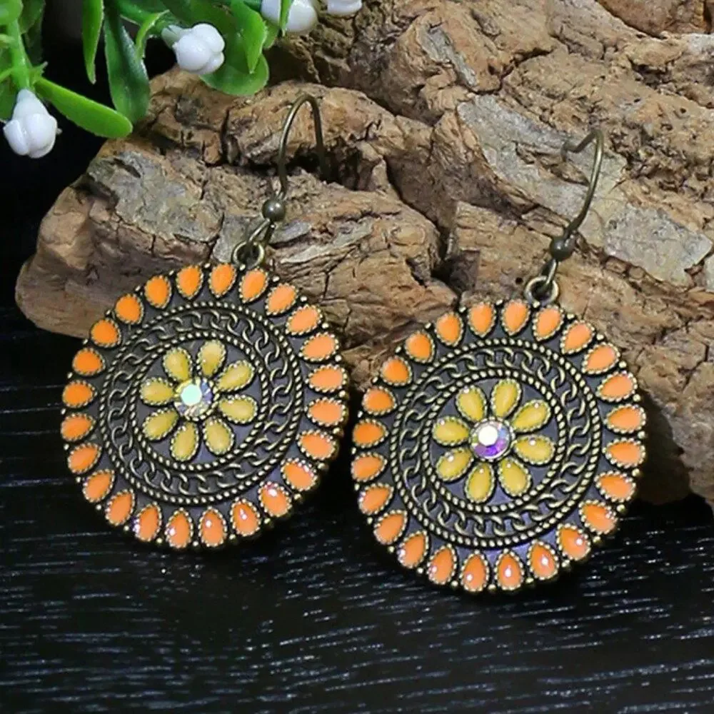 NWOT Ladies Bohemian Peach Orange Round Dangle Drop Earrings ~ Antique Gold Look